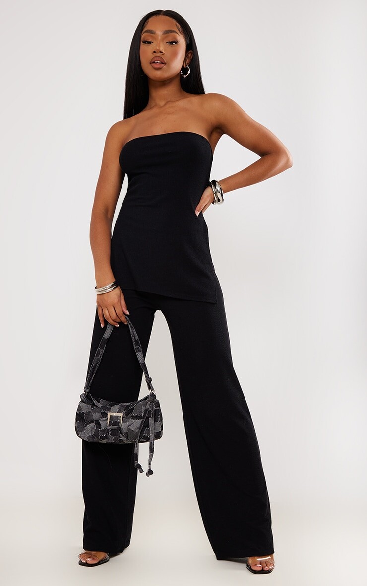 

PrettyLittleThing Черные широкие брюки в рубчик с высокой талией, Черный