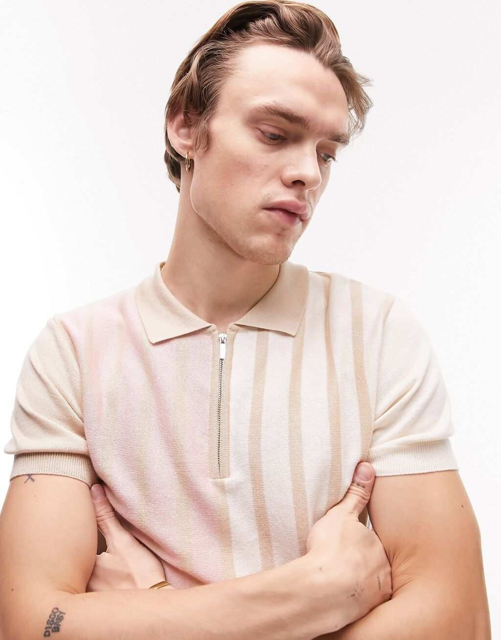 

Розовая вязаная футболка-поло с полоской Topman, Розовый