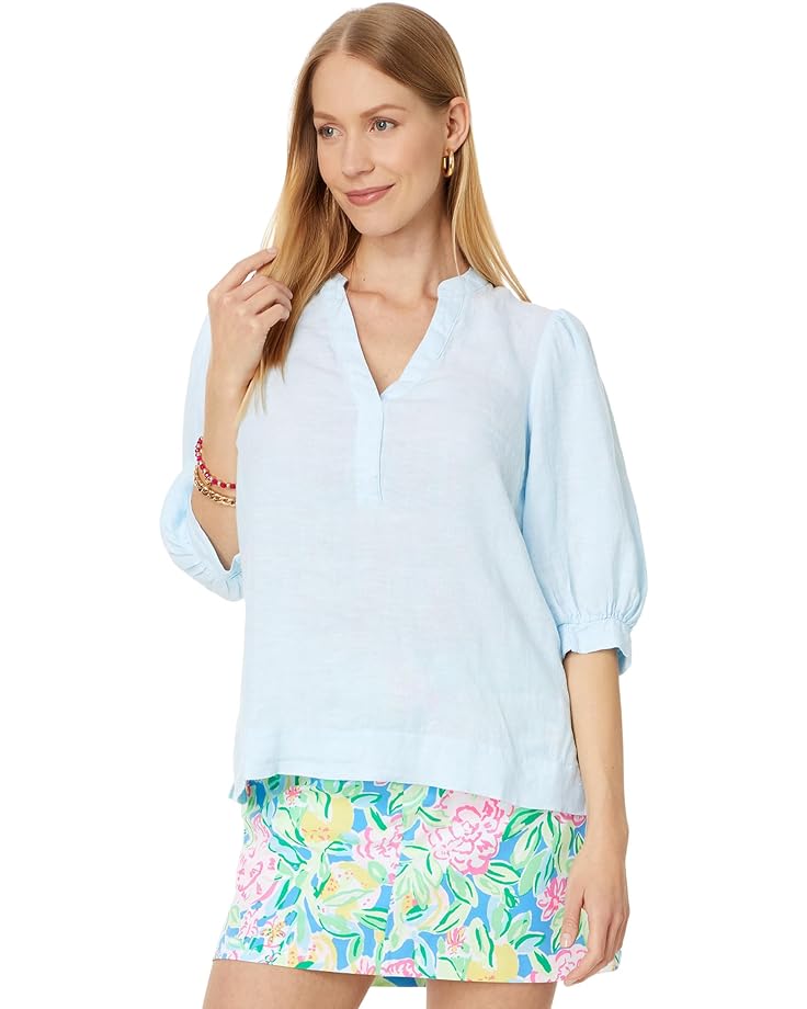 Топ Lilly Pulitzer Mialeigh Elbow Sleeve Linen, цвет Hydra Blue X Resort White топ lilly pulitzer emie ruffle top цвет resort white borealis blue lillys coral color block