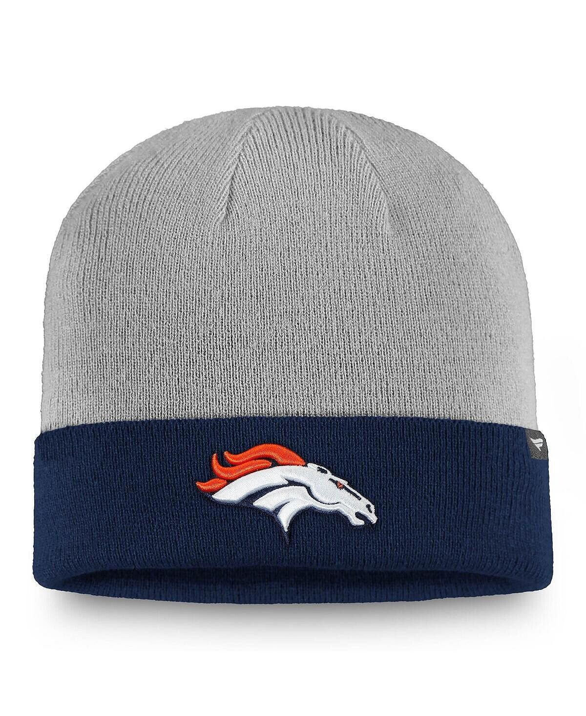 

Мужская двухцветная вязаная шапка с манжетами с фирменным логотипом Denver Broncos серо-темно-синего цвета Fanatics