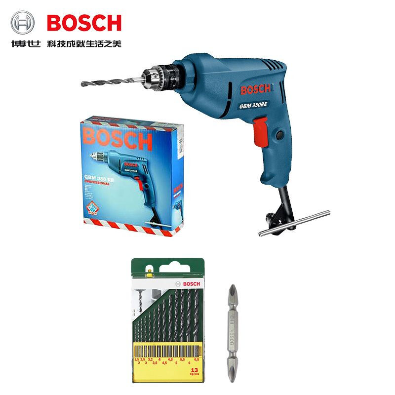 Дрель электрическая Bosch GBM350RE + комплект сверл, 13 штук