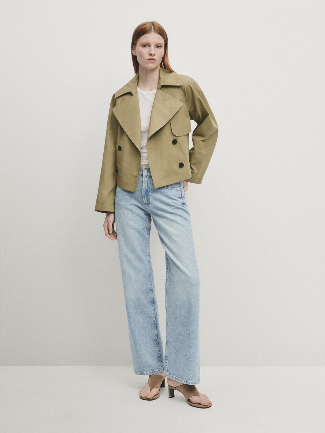 

Короткий тренч из 100% хлопка с лацканами Massimo Dutti, зеленый