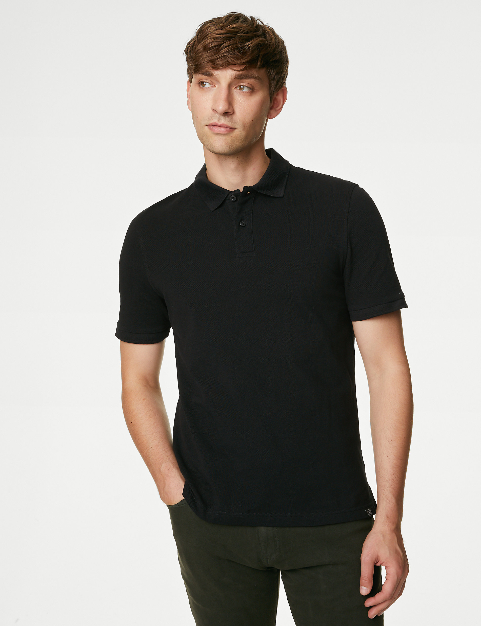 Рубашка поло из чистого хлопка пике Marks & Spencer, черный поло marks