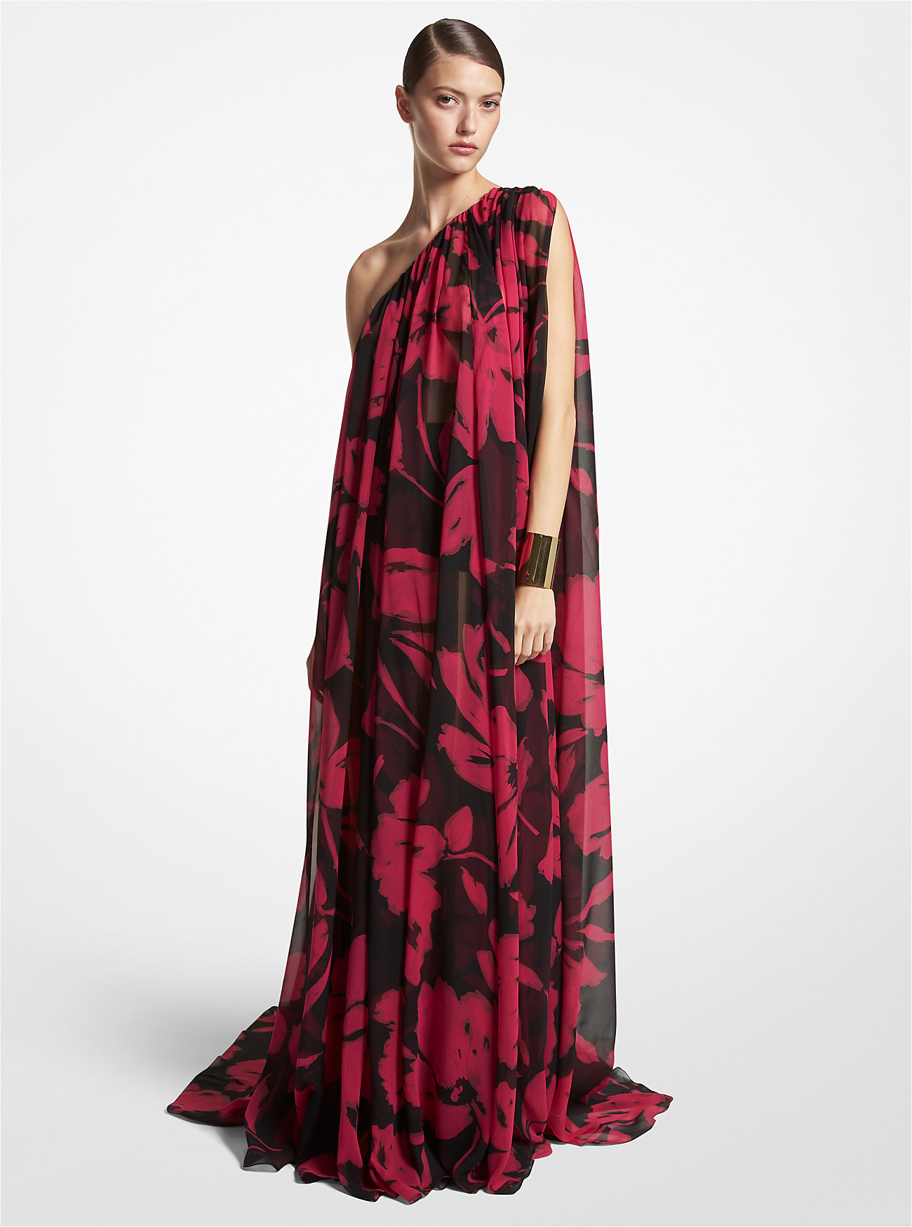Платье-кафтан на одно плечо из шелкового шифона с цветочным принтом и мазком кисти Michael Kors, черный