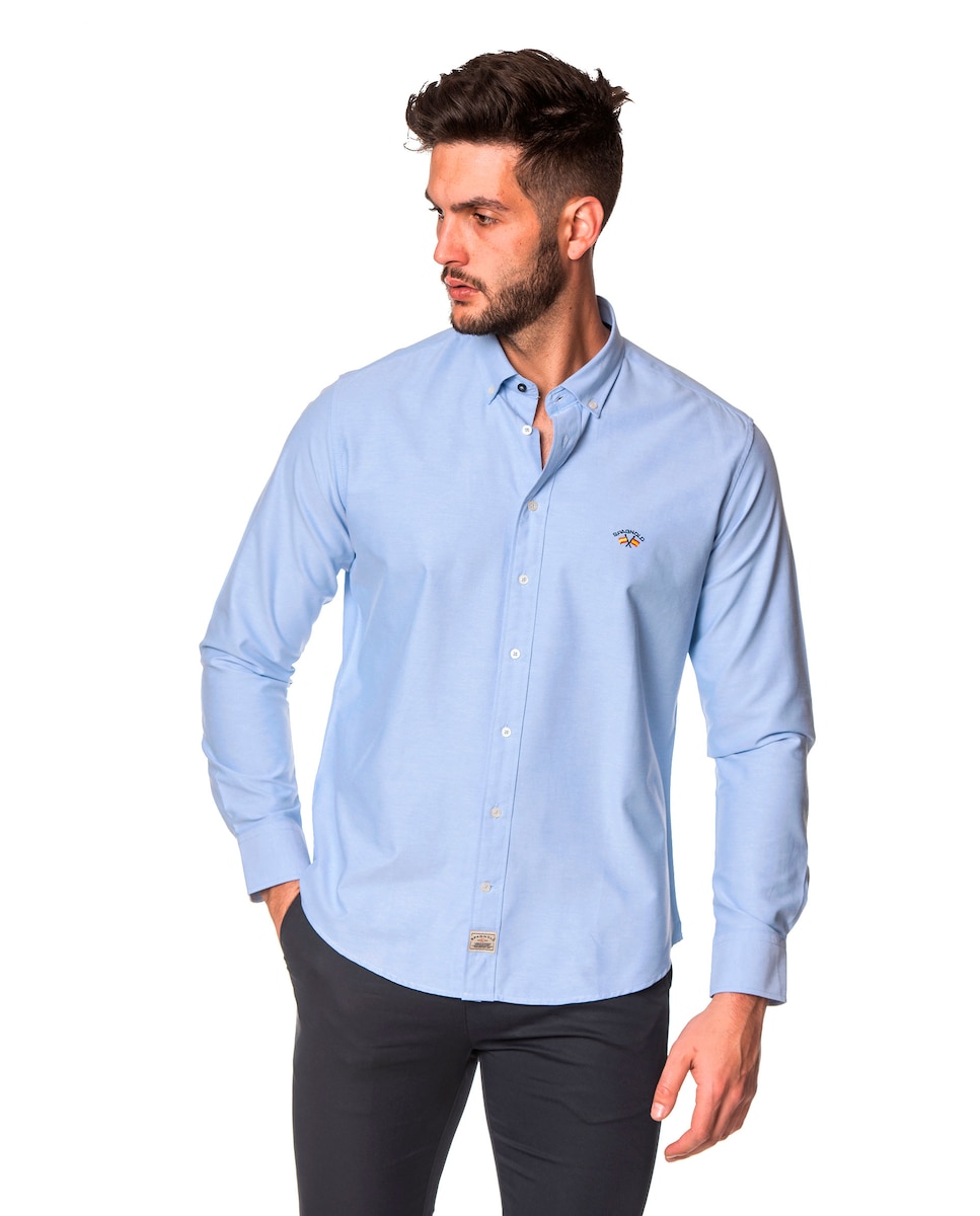 Однотонная мужская оксфордская рубашка голубого цвета Bandera Collection Spagnolo, светло-синий рубашка из легкой полосатой ткани с вышитым логотипом s синий