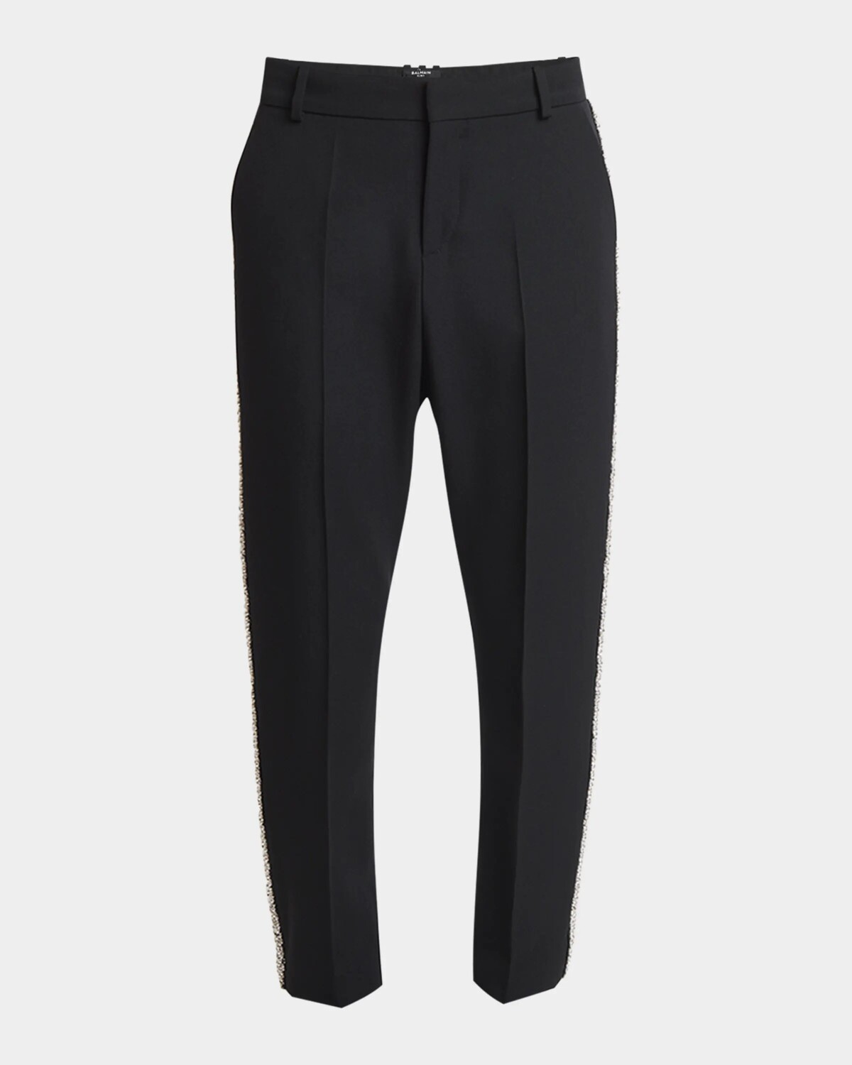

Мужские шерстяные брюки с окантовкой из стразов Balmain, цвет Black/Crystal