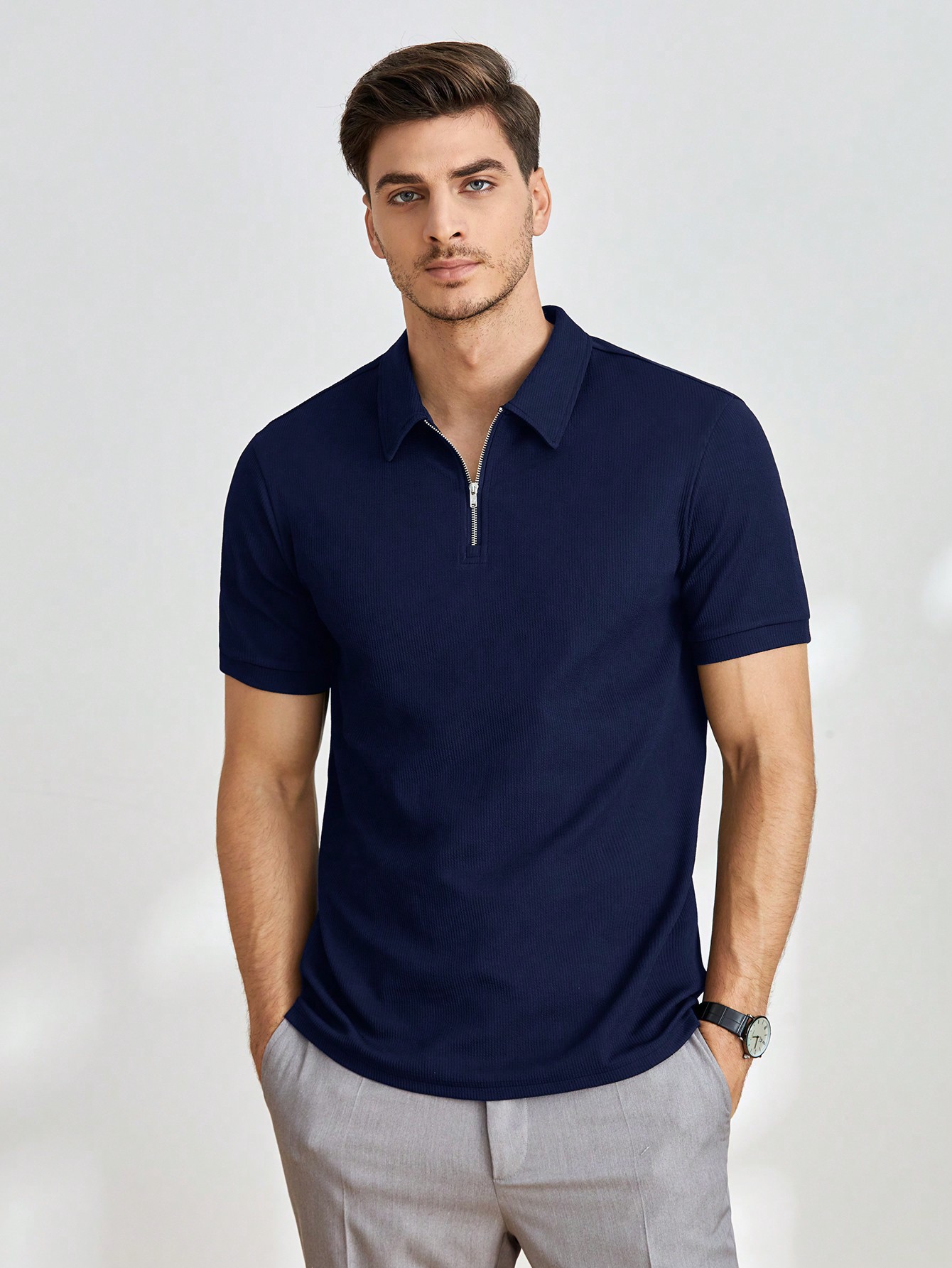 Мужская однотонная рубашка-поло с короткими рукавами Manfinity Homme, темно-синий