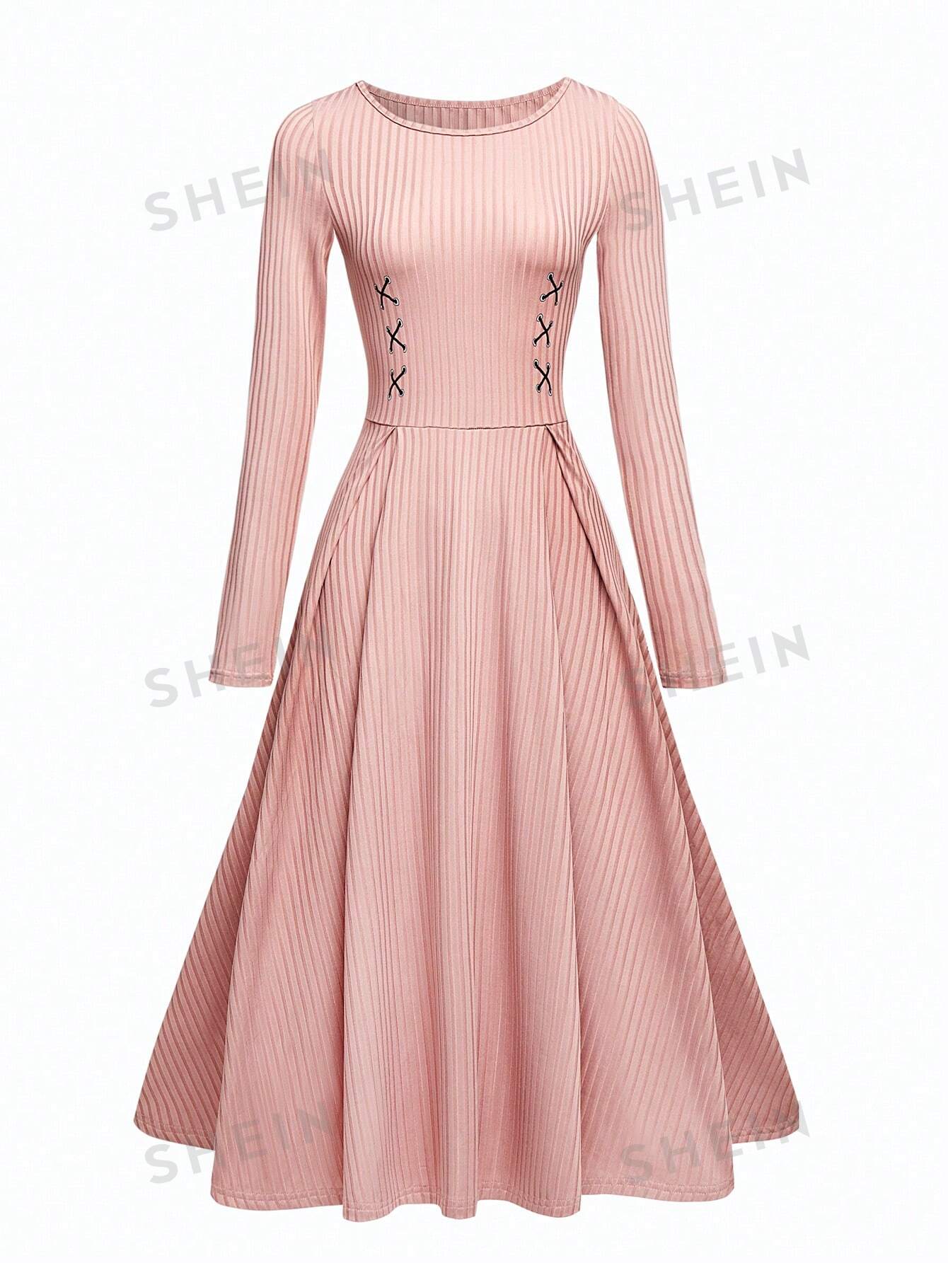 SHEIN Unity женское облегающее платье в рубчик с круглым вырезом и длинными рукавами, пыльный розовый