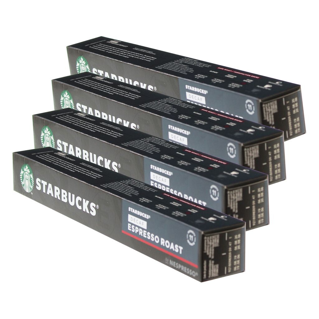 

Starbucks Decaf Espresso Roast Coffee, набор из 4 шт., темная обжарка, обжаренный кофе, совместимый с Nespresso, без кофеина, кофейные капсулы, 40 капсул Nestlé