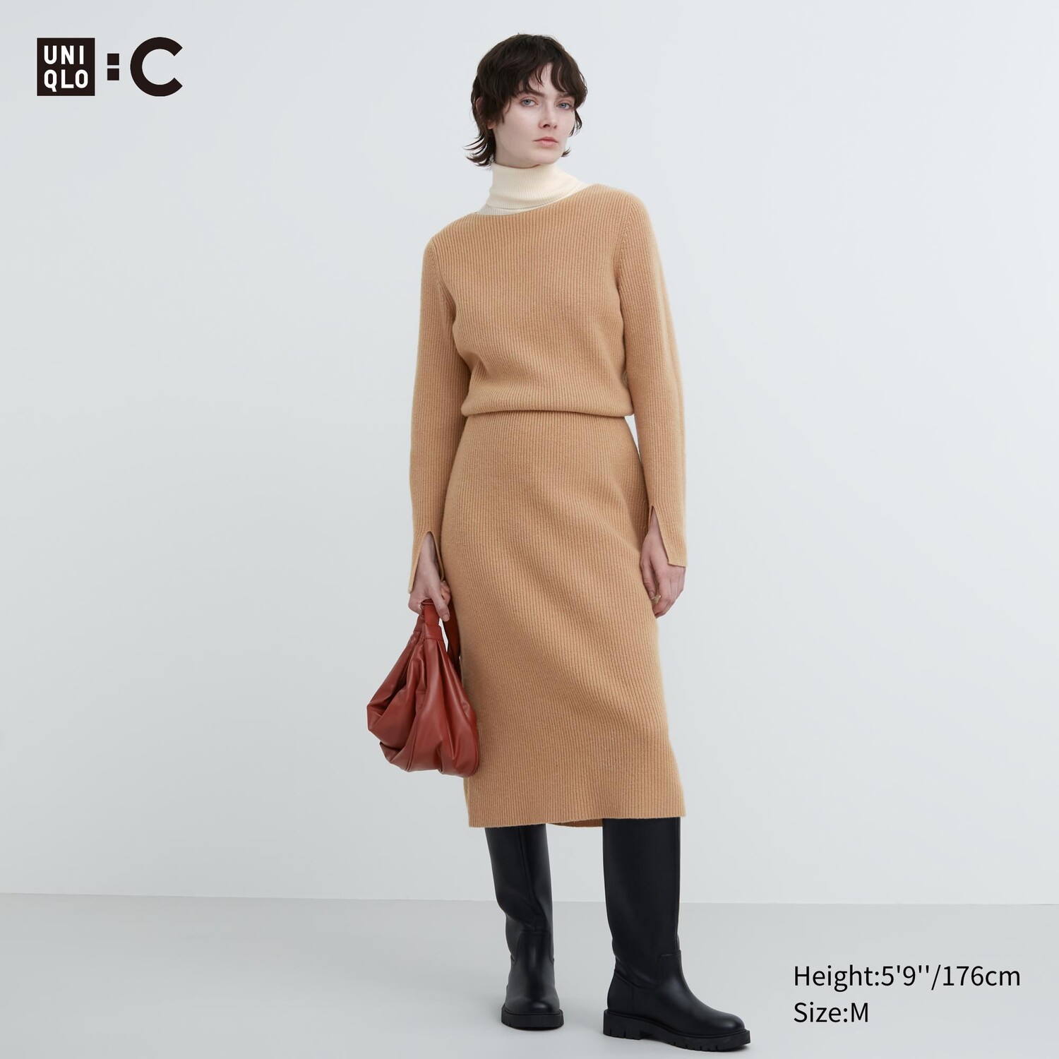 

Трикотажное платье с вырезом лодочкой и длинными рукавами Uniqlo, бежевый