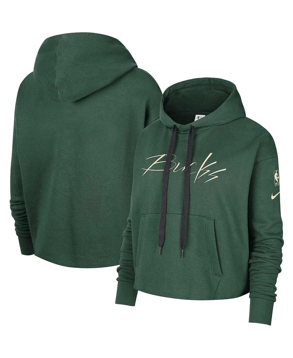 

Женский укороченный пуловер с капюшоном Hunter Green Milwaukee Bucks с разрезом и флипом Nike, зеленый