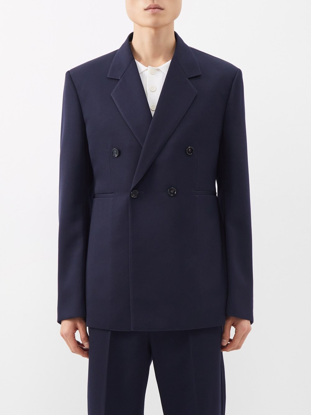 

Двубортный костюмный пиджак de poudre из шерстяной ткани Bottega Veneta, синий
