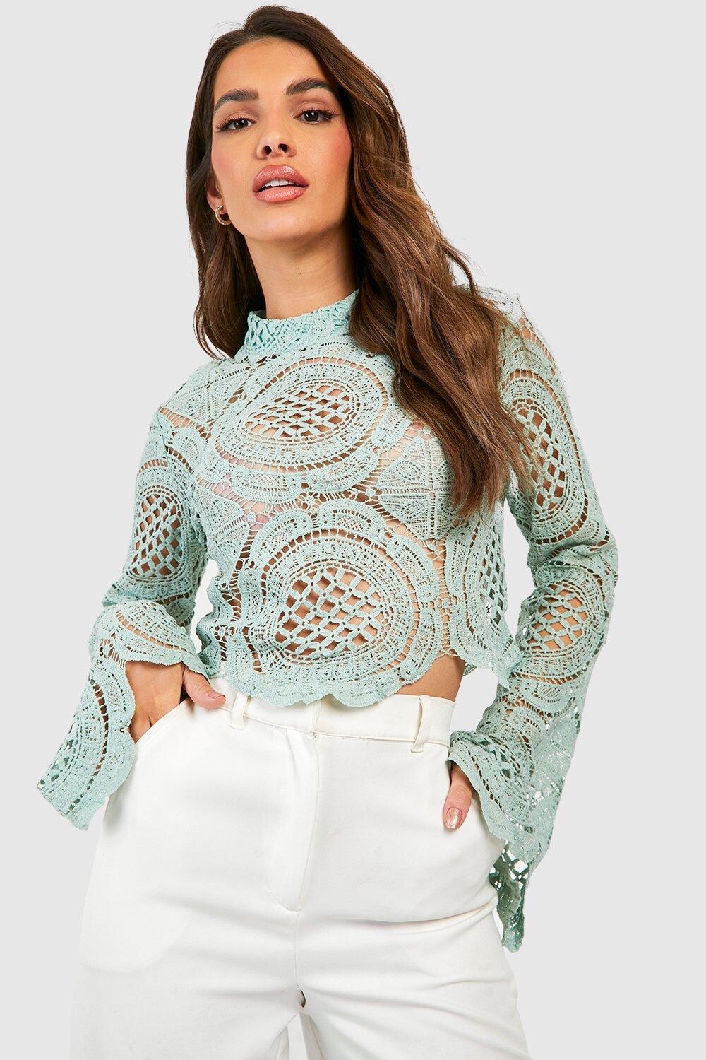 

Кружевной укороченный топ с черепаховым вырезом Boohoo, мятный