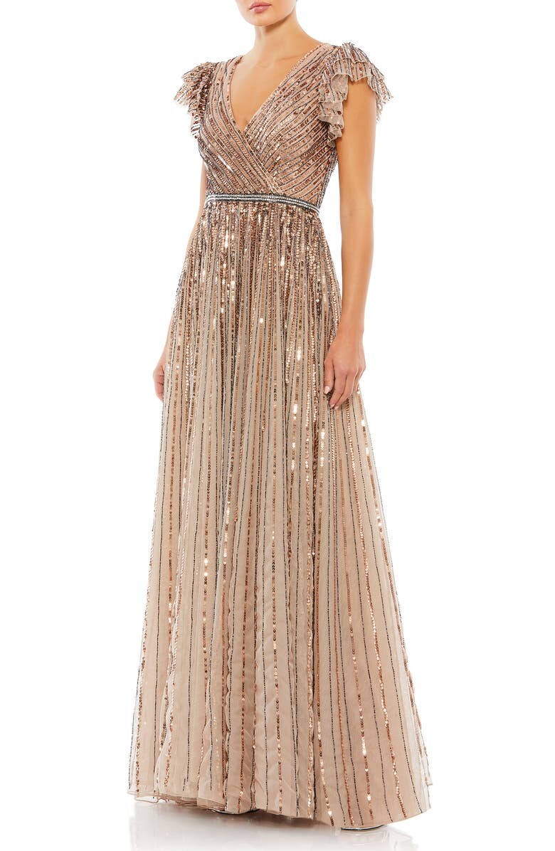 

Платье трапециевидной формы из тюля с короткими рукавами и бусинами MAC DUGGAL