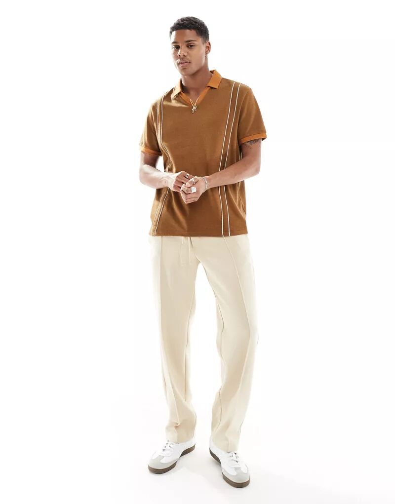 Текстурированная коричневая рубашка-поло свободного кроя с окантовкой ASOS