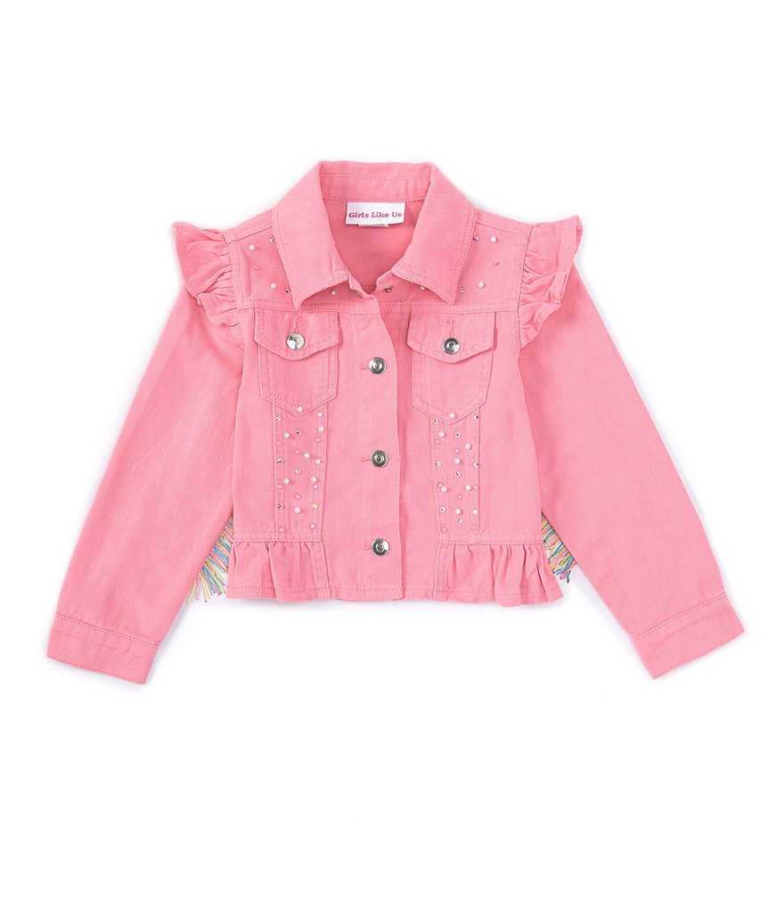 Джинсовая куртка с длинными рукавами и бахромой, украшенная бахромой и рюшами для маленьких девочек 2T-6X Rare Editions, розовый