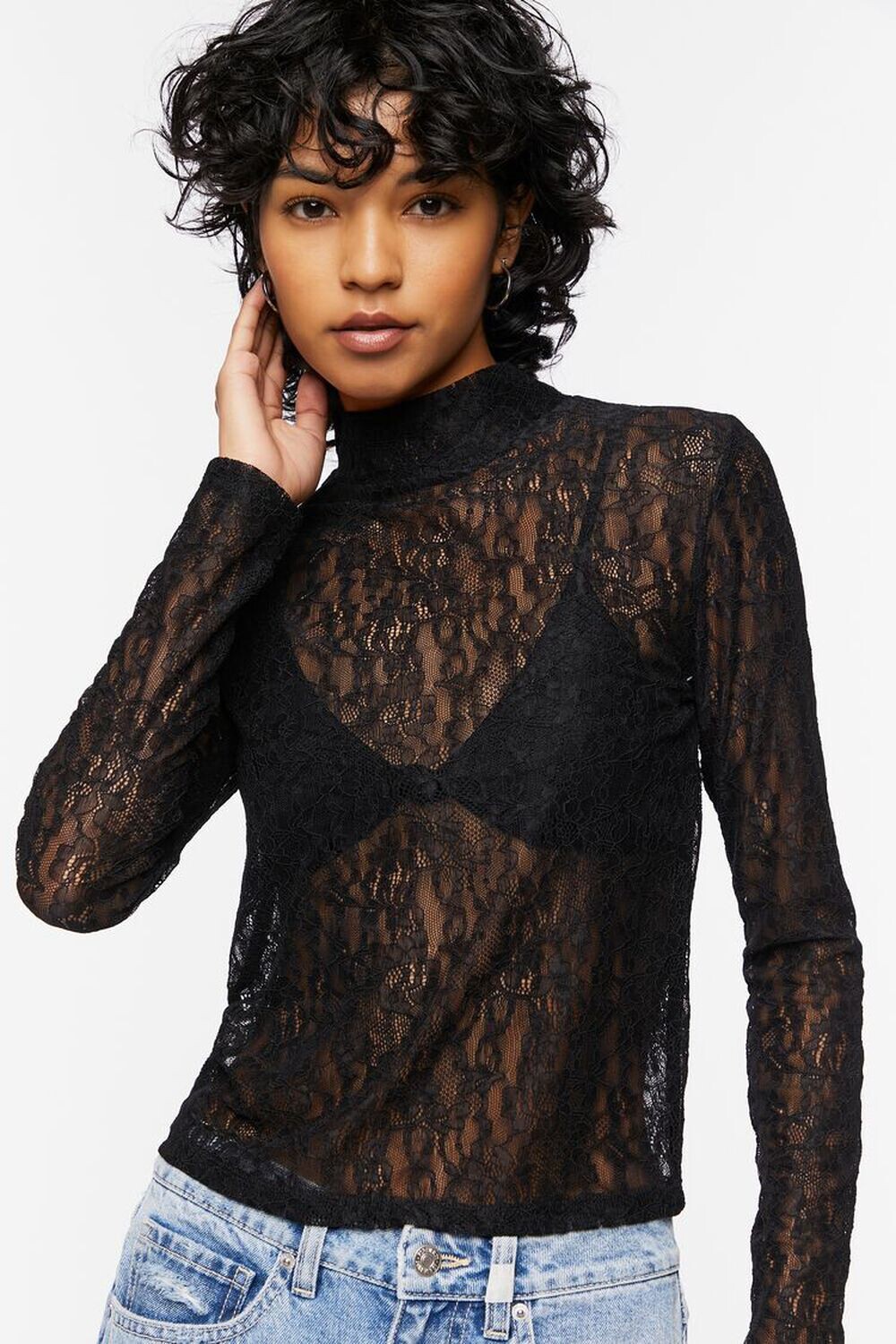 

Кружевной топ с цветочным принтом Forever 21, черный