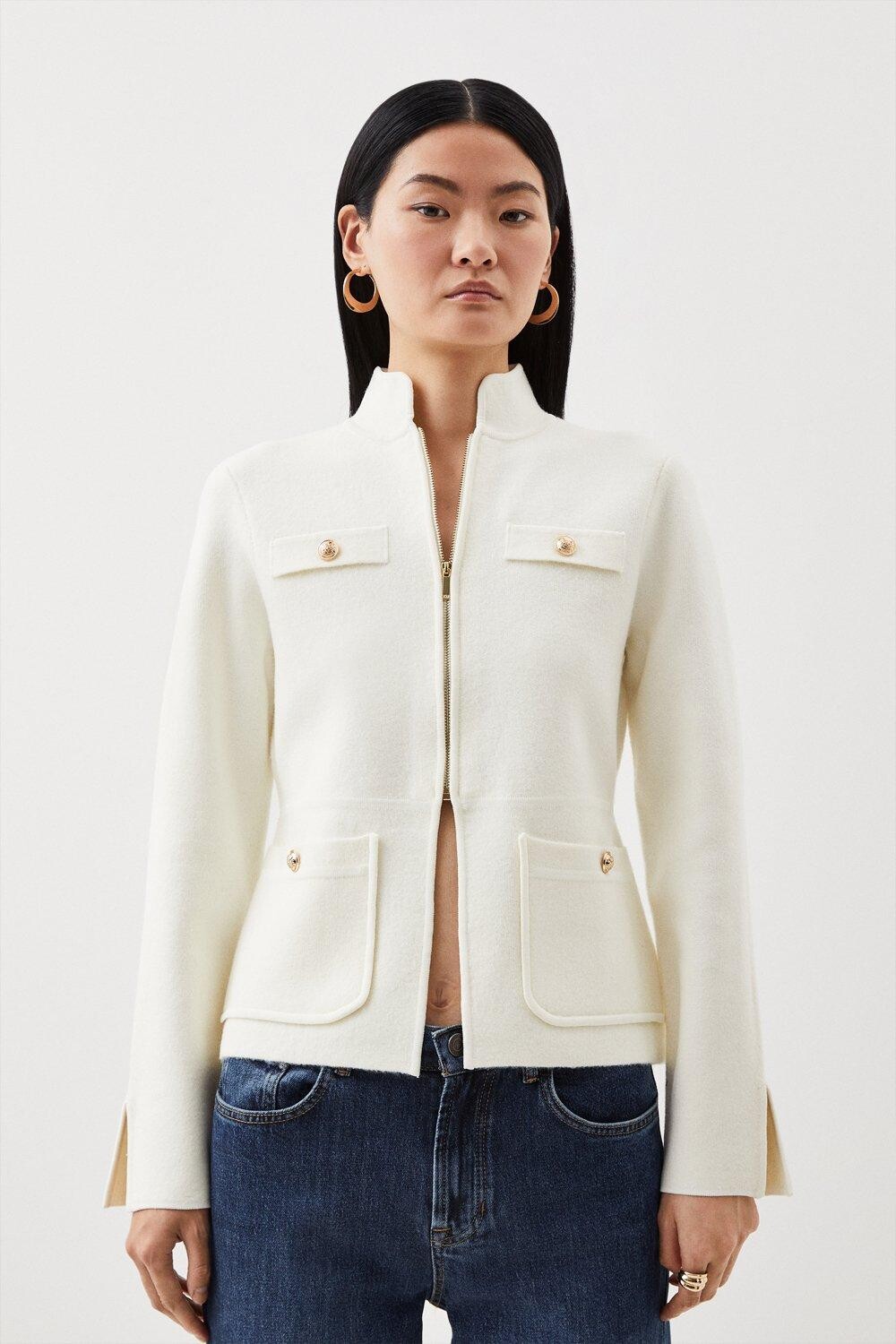 

Компактная куртка из смесовой шерсти с вязаными рукавами Karen Millen, белый
