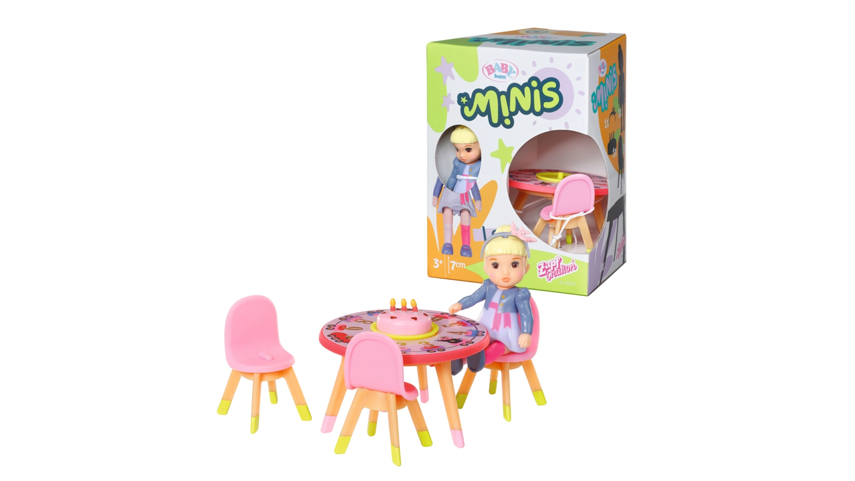 Baby Born Minis Игровой набор Happy Birthday, кукла Леа высотой 7 см со столом, тортом, тортом и стульями