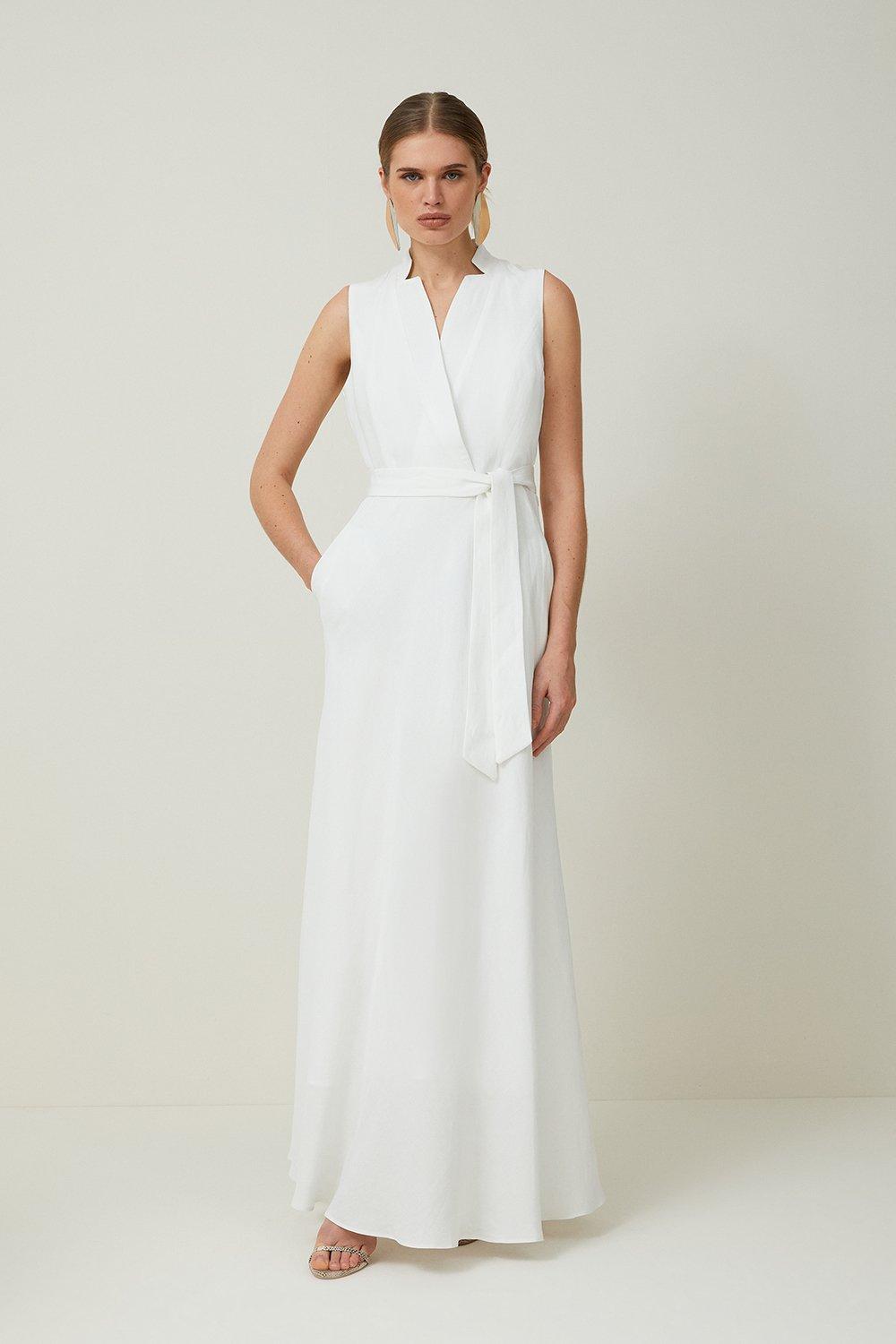 Льняное платье мидакси премиум-класса с вырезом и поясом Karen Millen, белый