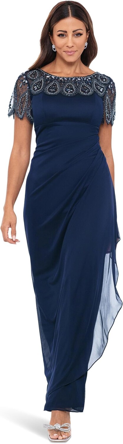 

Платье Long Sheer Matte Jersey Beaded Yoke Rouch XSCAPE, темно-синий
