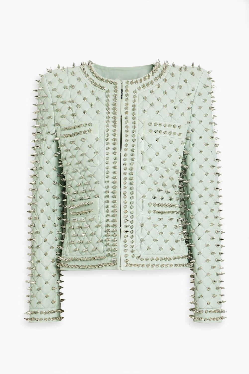 

Стеганая кожаная куртка с шипами BALMAIN, мятный