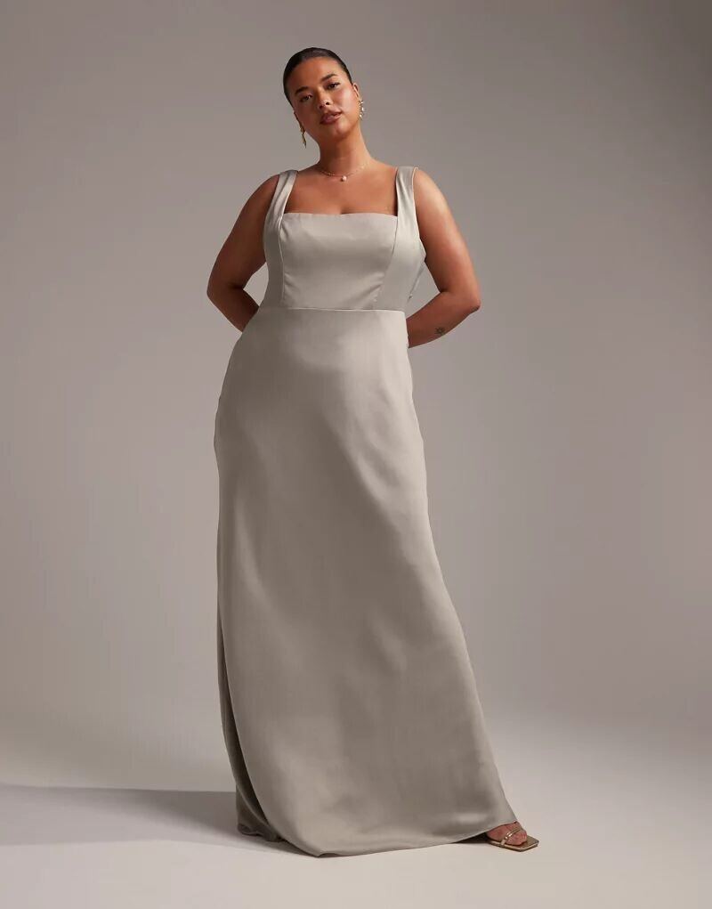 

Атласное платье макси с квадратным вырезом ASOS DESIGN Bridesmaid Curve шалфейно-зеленого цвета, Серый