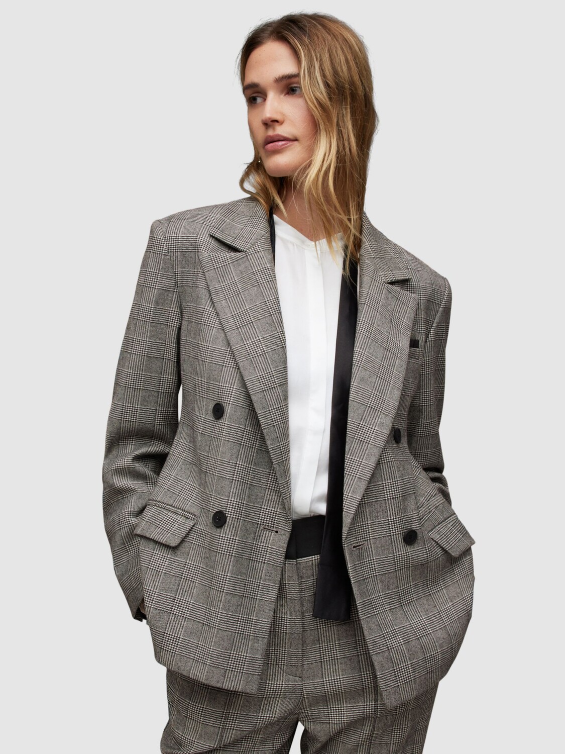 

Двубортный пиджак в клетку Bea Slim Fit из смесовой шерсти AllSaints, серый