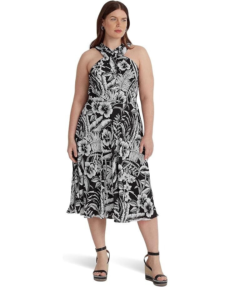 

Платье LAUREN Ralph Lauren Plus Size Floral Georgette Halter, черный/белый