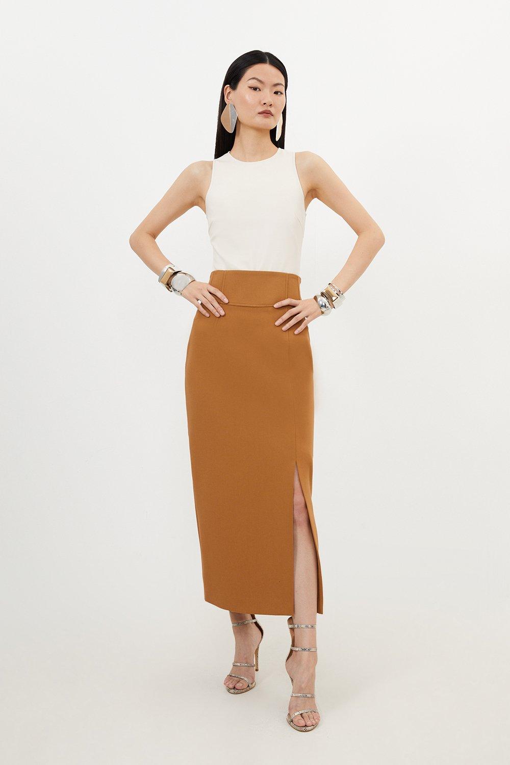 Компактная эластичная юбка-карандаш миди с боковым разрезом Karen Millen, бежевый юбка карандаш galar миди размер 42 коричневый