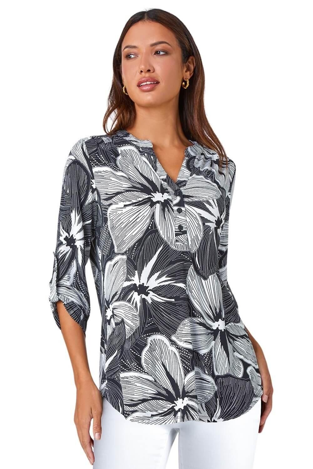Эластичная блузка с цветочным принтом Roman, черный женская блузка с цветочным принтом ажурная блузка с промежностью 2021