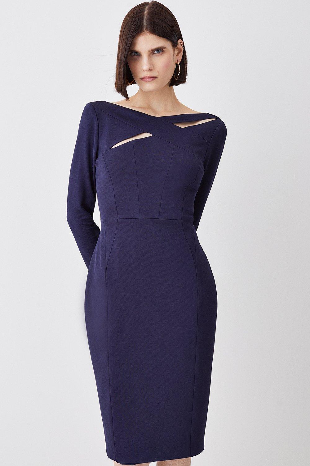 цена Итальянское структурированное платье-миди в рубчик с перекрестием Karen Millen, темно-синий
