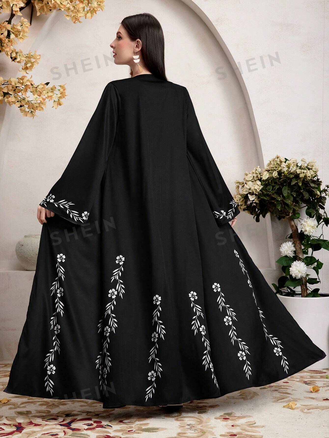 SHEIN Najma - женская длинная куртка с расклешенными рукавами и цветочным принтом, черный