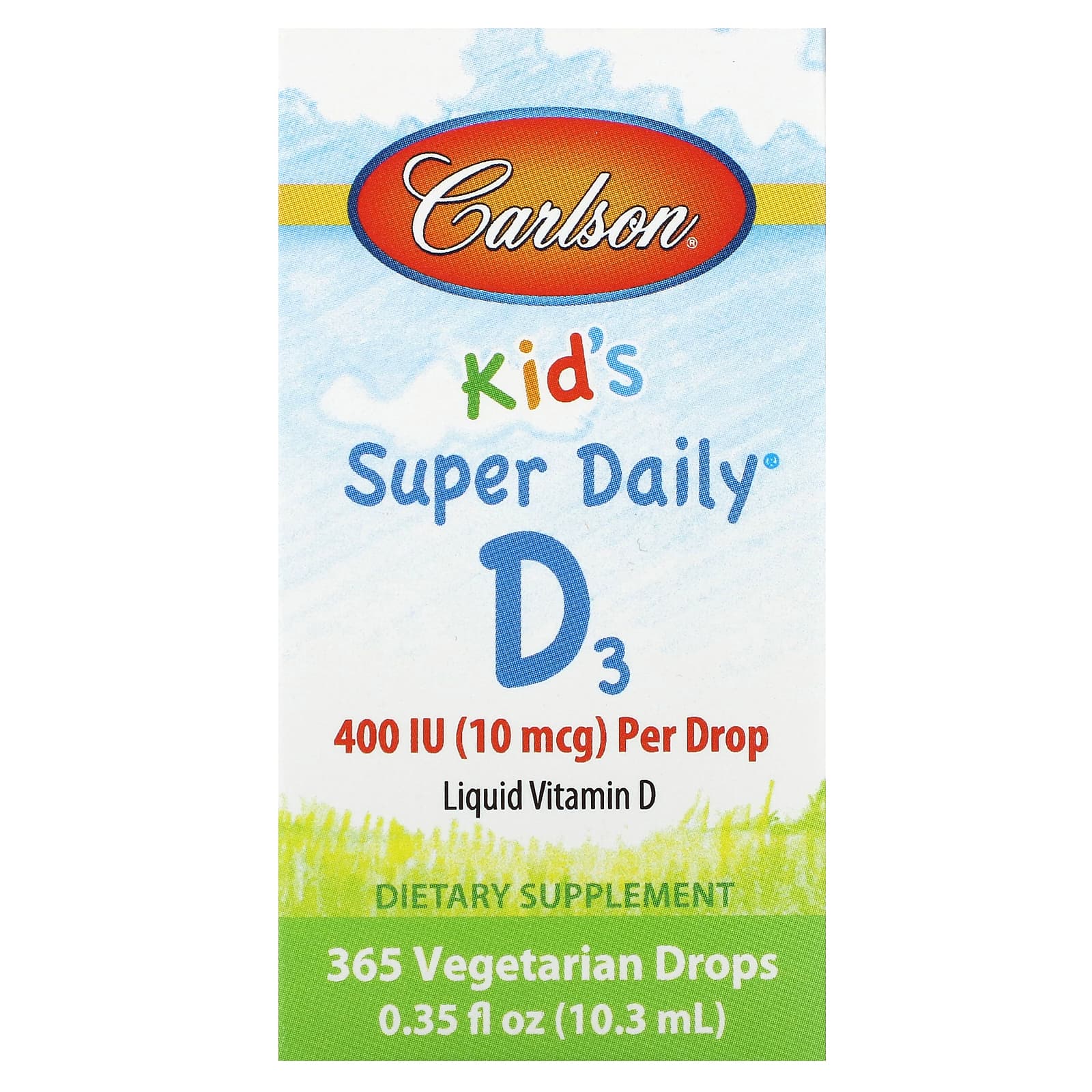 

Kids Super Daily D3, 10 мкг (400 МЕ), 365 вегетарианских капель, 10,3 мл (0,35 жидк. Унции), Carlson