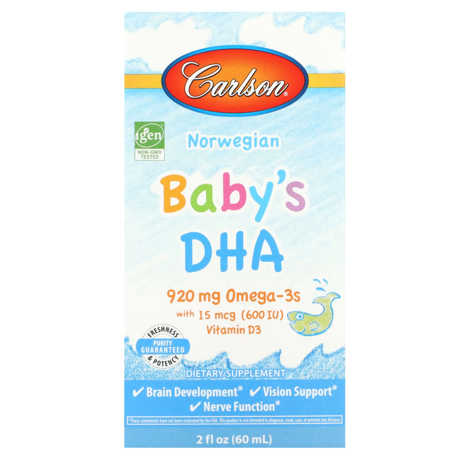 Carlson Norwegian Baby's DHA, 2 жидкие унции (60 мл) carlson norwegian super d omega 3 с натуральным вкусом лимона 250 мл 8 4 жидких унции