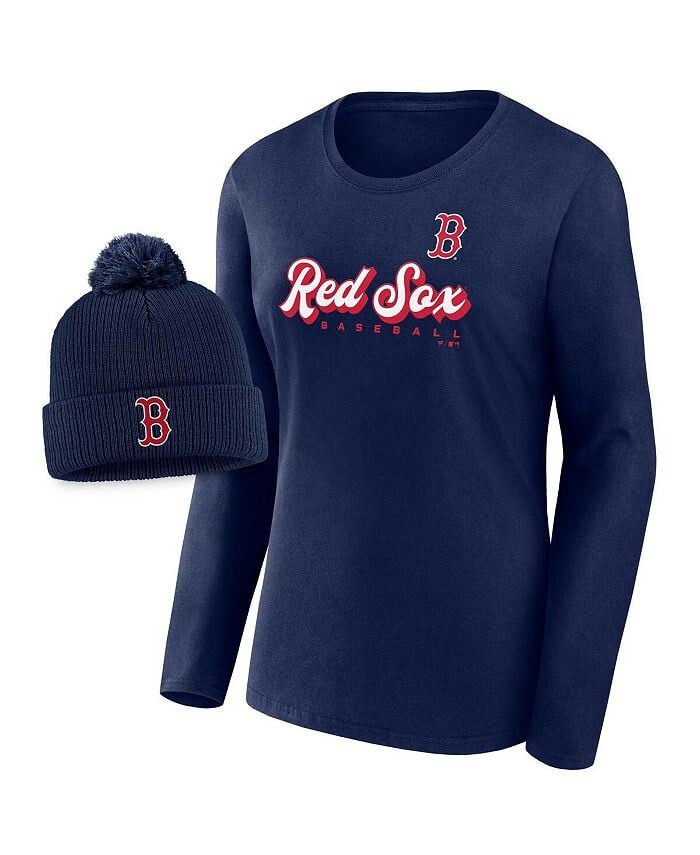 

Женская фирменная темно-синяя футболка Boston Red Sox Run The Bases с длинными рукавами и вязаная шапка с манжетами и комбинированным комплектом с помпонами Fanatics, синий