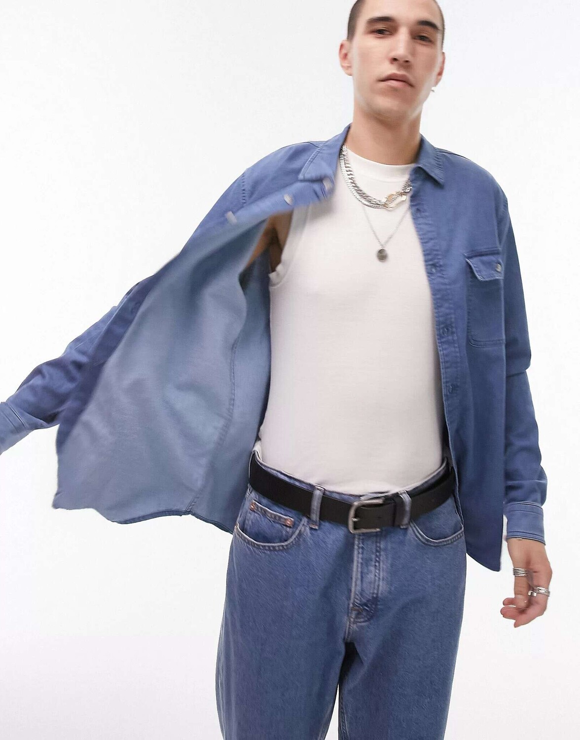 

Синяя джинсовая рубашка из эластичного денима с длинными рукавами Topman