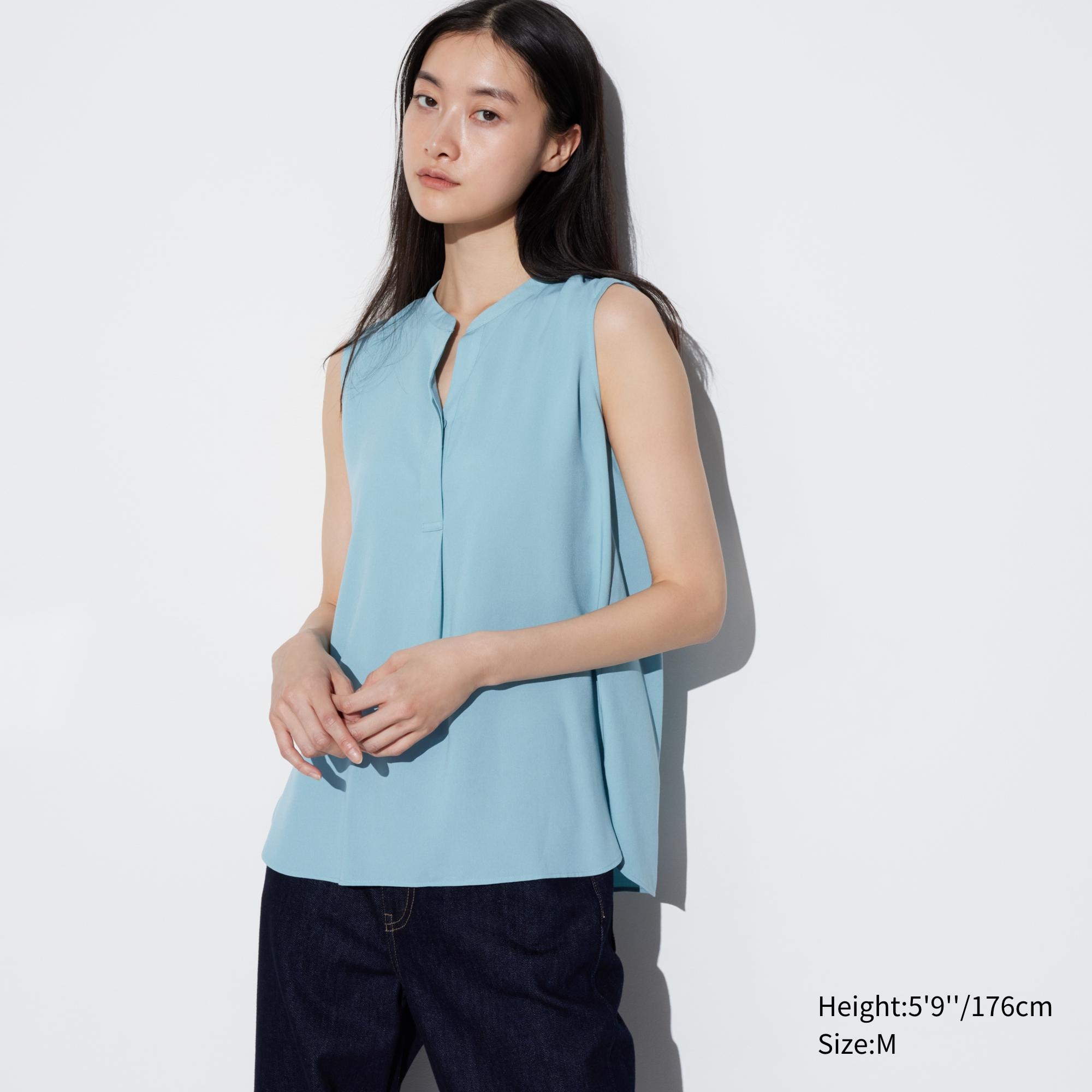Блузка UNIQLO без рукавов из искусственного шелка, синий