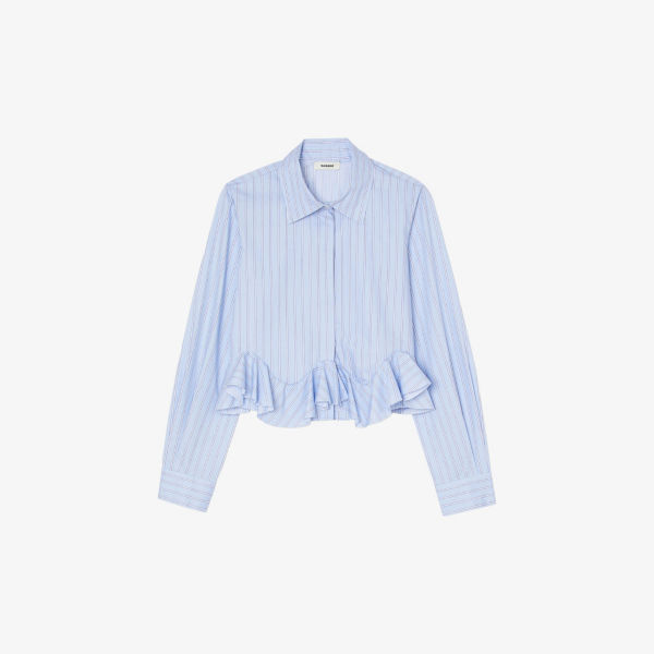 Полосатая хлопковая рубашка с оборками по краю Sandro, цвет bleus