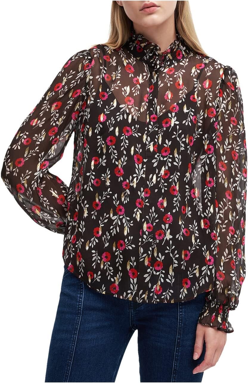 

Рубашка 7 For All Mankind Long Sleeve Ruffle Neck Button-Up, цвет Bougainvillea Floral