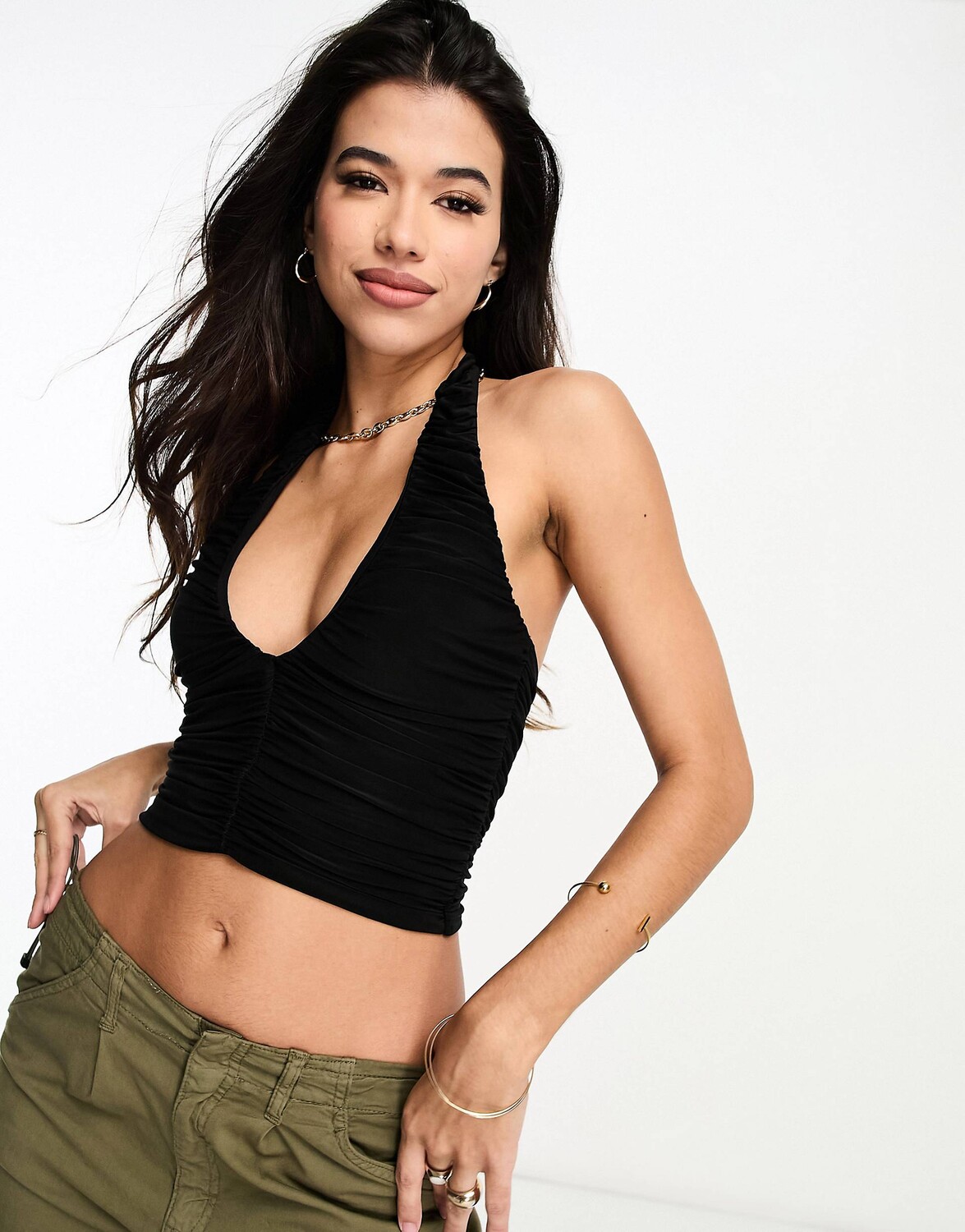 

Черный двухслойный облегающий топ с бретельками и сборками ASOS DESIGN
