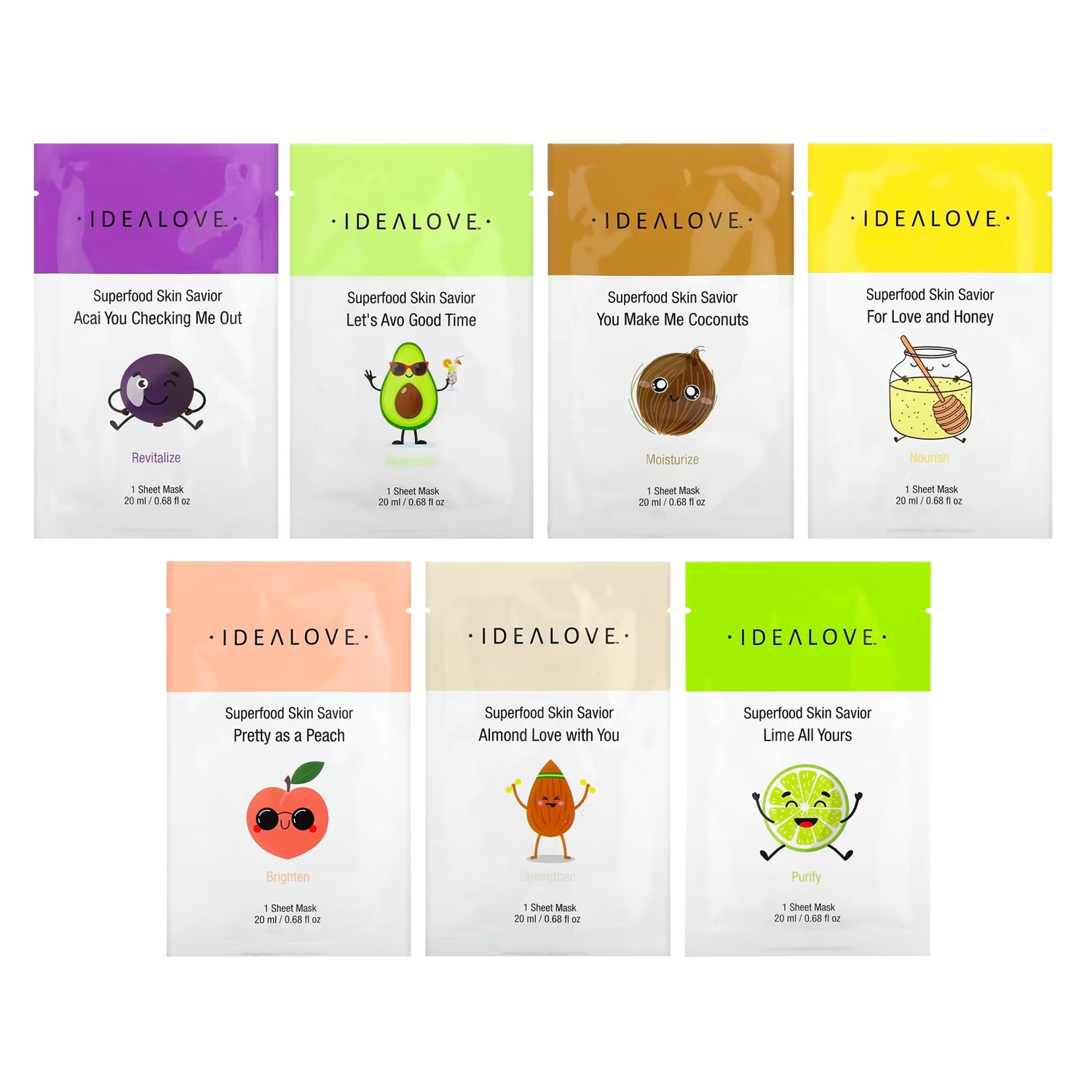 

Набор косметических тканевых масок Idealove Superfood Skin Savior, 7 шт., 20 мл.