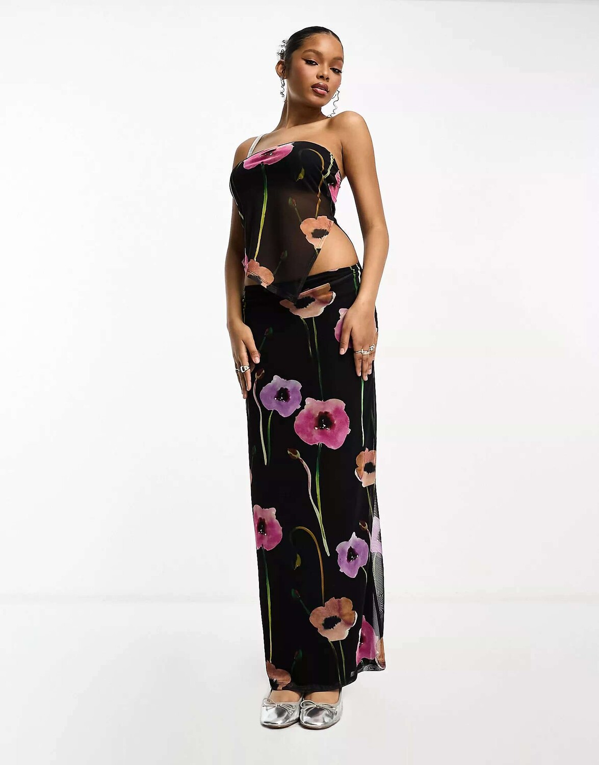 

Короткая юбка макси с сетчатым принтом и цветочным принтом ASOS