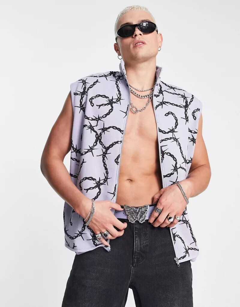 

Фиолетовый жилет на молнии с принтом в виде колючей проволоки ASOS