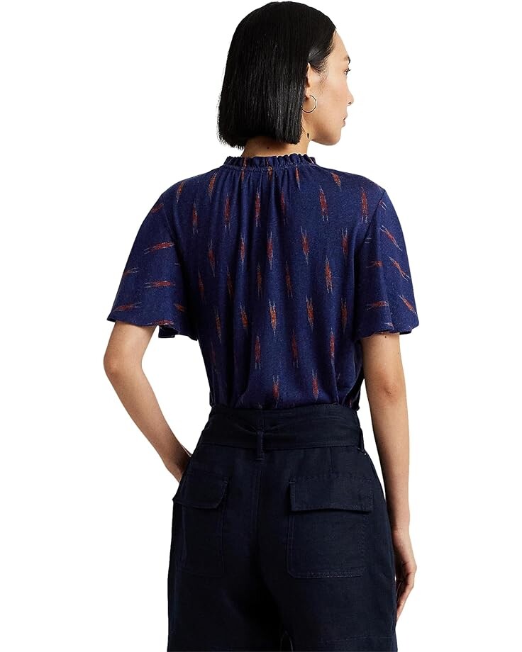 

Топ LAUREN Ralph Lauren Geo Print Jersey Tie Neck Top, цвет Navy Multi