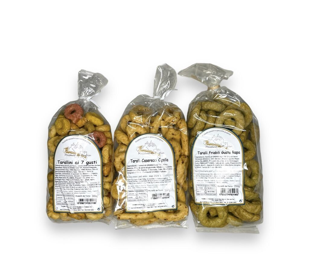 

Коробка из трех упаковок апулийского таралли, зелени свеклы, 7 вкусов, апулийского лука, упаковки 350 г оливкового масла первого холодного отжима, вкусного аперитива, среднего размера. Win2Win Tech