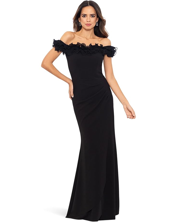 цена Платье XSCAPE Long Scuba Crepe Off The Shoulder Ruffle, черный