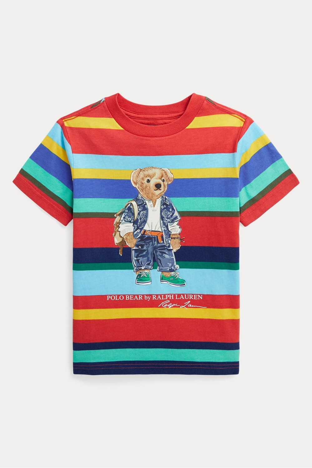 

Красная футболка для мальчика в разноцветную полоску с принтом Мишка Polo Ralph Lauren, красный