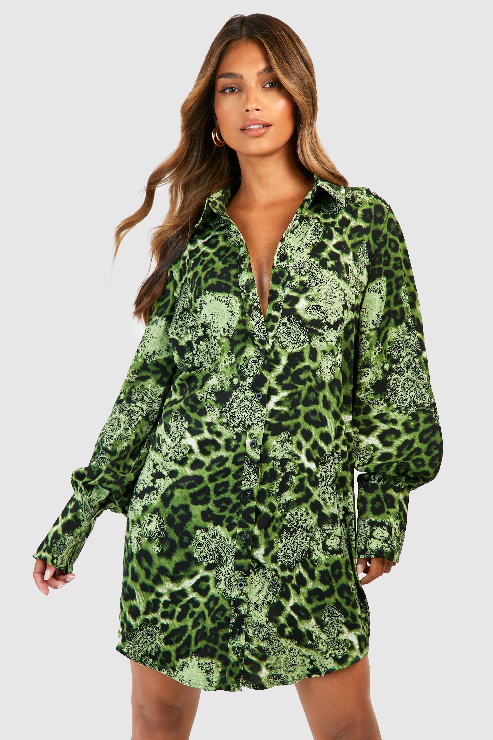 Платье-рубашка оверсайз с принтом Boohoo, зеленый