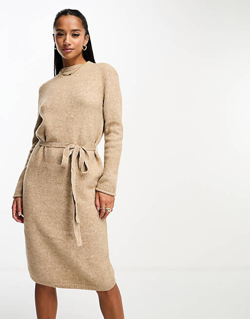 

Овсяное трикотажное платье миди с завязкой на талии ASOS DESIGN Petite